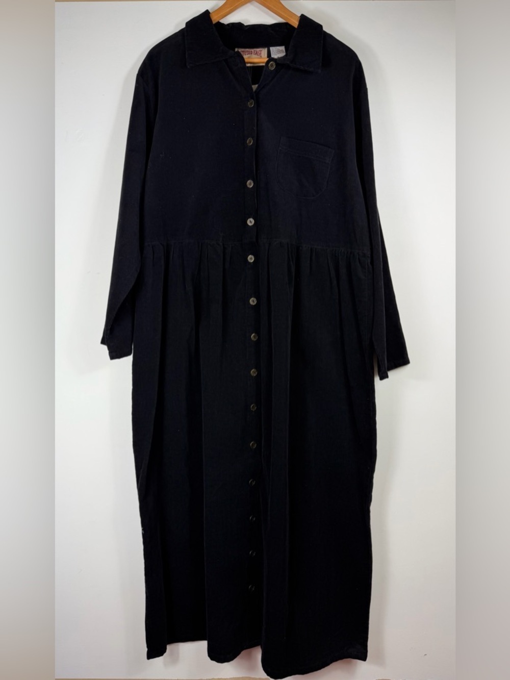 Vintage NWT Studio Ease Black Corduroy Button Front Maxi Shirt Dress Size 18